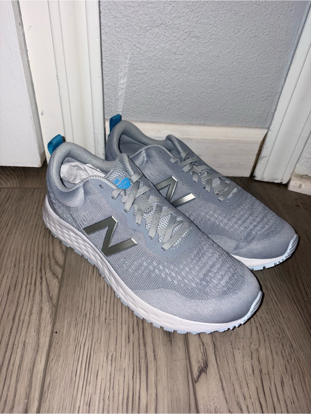 New Balance Light Gray Mesh Athletic Sneakers with Blue Heel Tabs